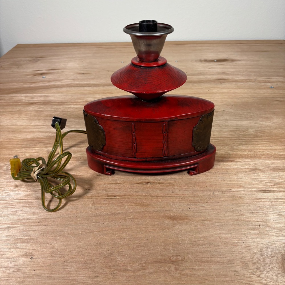 Vintage Red Lacquer Asian Pagoda Table Lamp Base Brown Accents Chinoiserie 11in